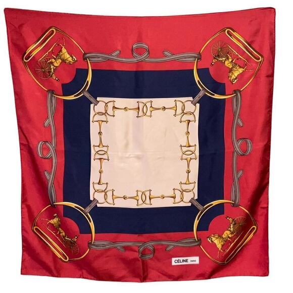 CELINE Paris 100% Silk Scarf Equestrian Motif Vintage Red Gold - Picture 16 of 16